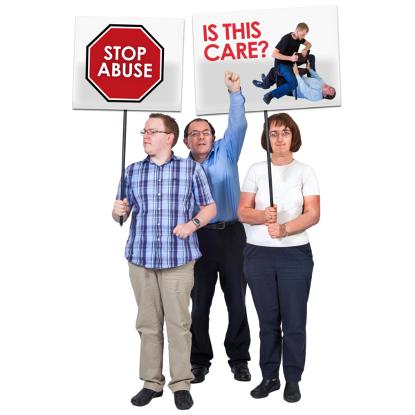 Image with people holding stop abuse signs